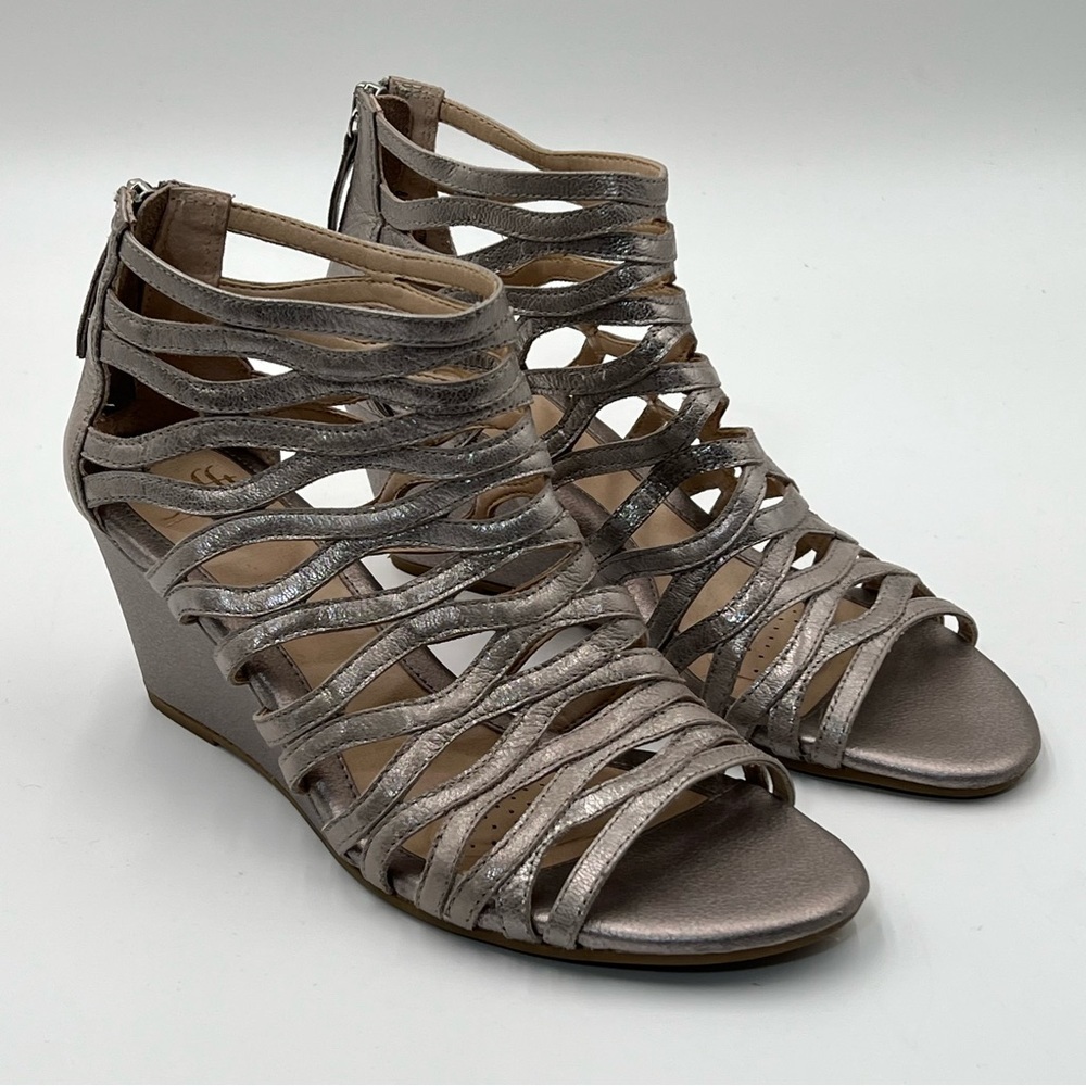 Sofft Francesca Gladiator Wedge Sandals Metallic Pewter Strappy Comfort 8.5 Zip